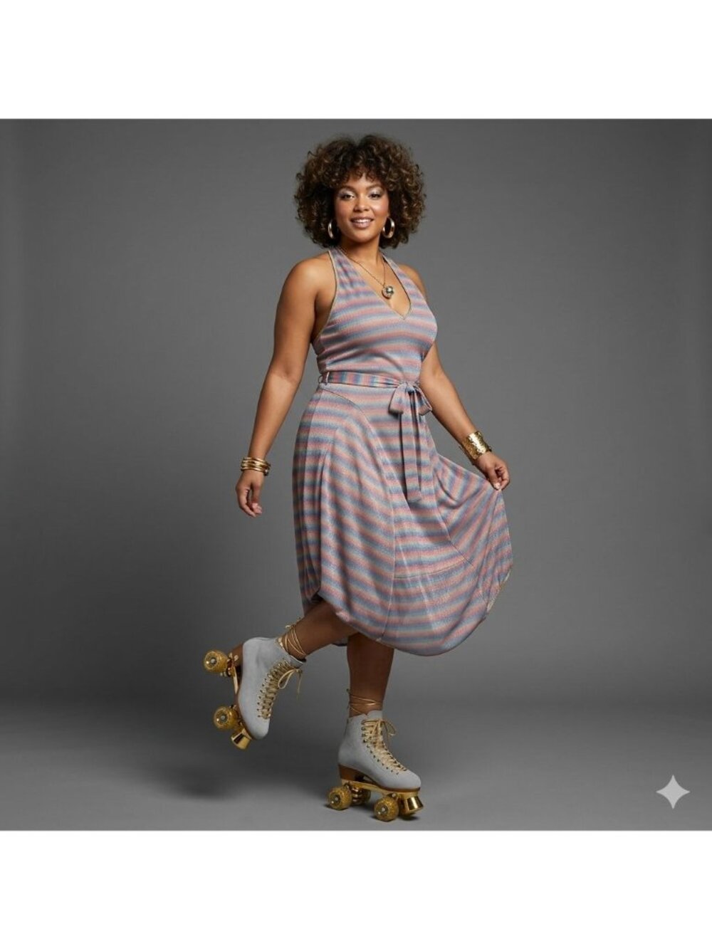 Samuel Dong Size M/L Striped Halter Midi Dress Handkerchief Hem & Metallic Sheen - Picture 9 of 15